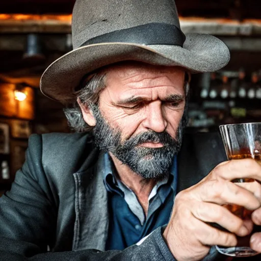 Prompt: a grizzled detective sitting at a smoky bar, sipping whiskey.