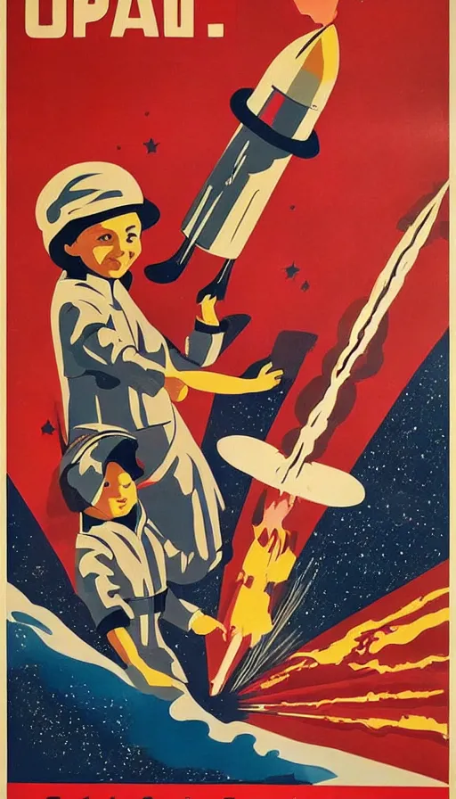 Image similar to retro propaganda poster for space exploration, rocket launching, small humans watching