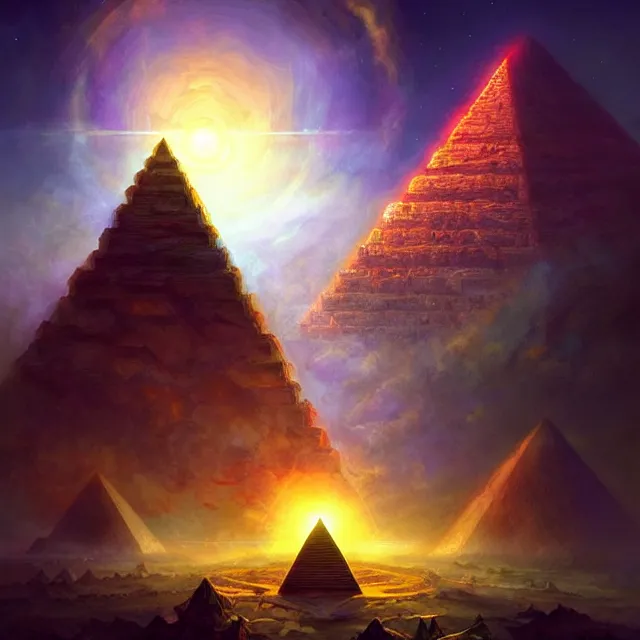 Image similar to the illuminati eye opening up from an orb above a pyramid, a fantasy magical landscape seen in the distance, atmospheric lighting, intricate, volumetric lighting, beautiful, sharp focus, ultra detailed, in the art style of marc simonetti, bowater charlie and brom gerald, astrophotography