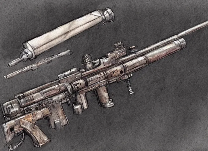 Image similar to concept art of a rifle futuristic weapon, fantasy, steampunk, pinterest, artstation trending, behance, watercolor, by coby whitmore, silver, laser light,