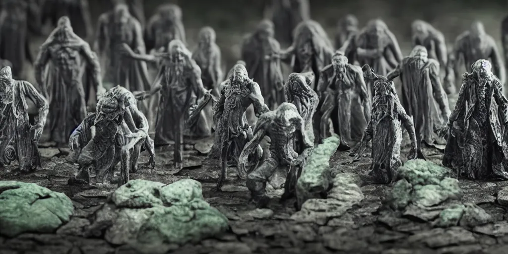 Image similar to miniature figurines of lovecraft's elder gods, detailed, tilt shift, product photography