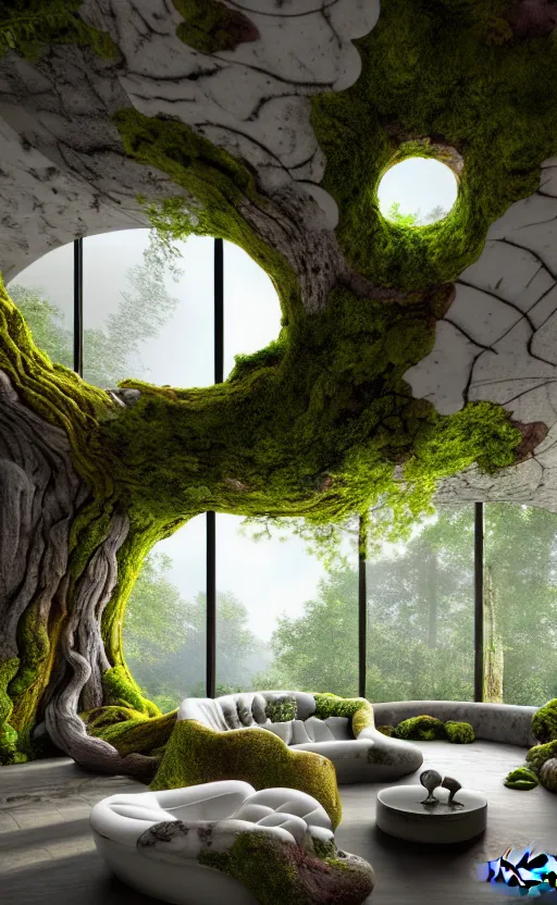 Image similar to highly detailed villa natural beautiful light interior soft cinematic composition of a smooth ceramic porcelain biomorphic magnolia stone nebula fluid sci - fi surreal colorful architecture landscape, furniture, granite, trees, marble, moss, lichen, fungi, vincent callebaut composition, mamou - mani, archviz, 8 k, unreal engine, hdr