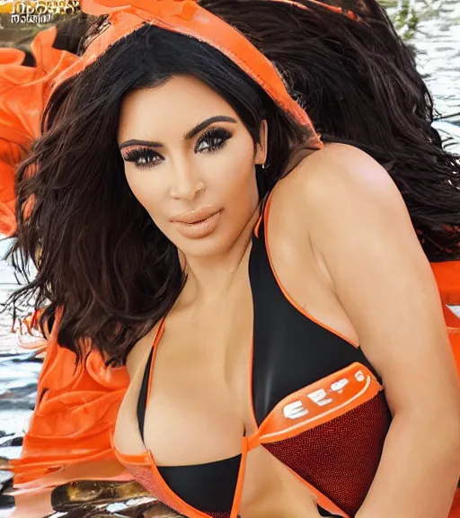 Image similar to professional photo of kim kardashian wearing a hooters uniform, posed by a lake, intricate, elegant, highly detailed, smooth, sharp focus, by maxim magazine