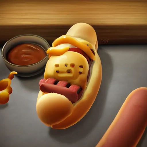 Image similar to pudge from dota 2 eating hot dog. photorealistic. highres. 3 d.