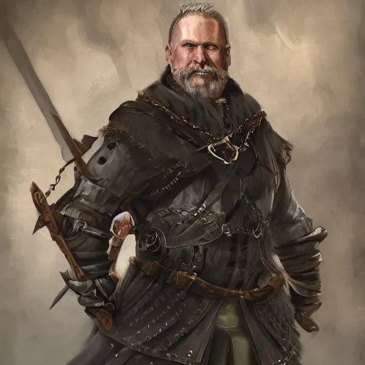 Prompt: portrait, 50 years old man :: short, stocky build :: dark, short hair and a whisker :: medieval leather workwear :: high detail, digital art, fantasy, RPG, concept art, illustration