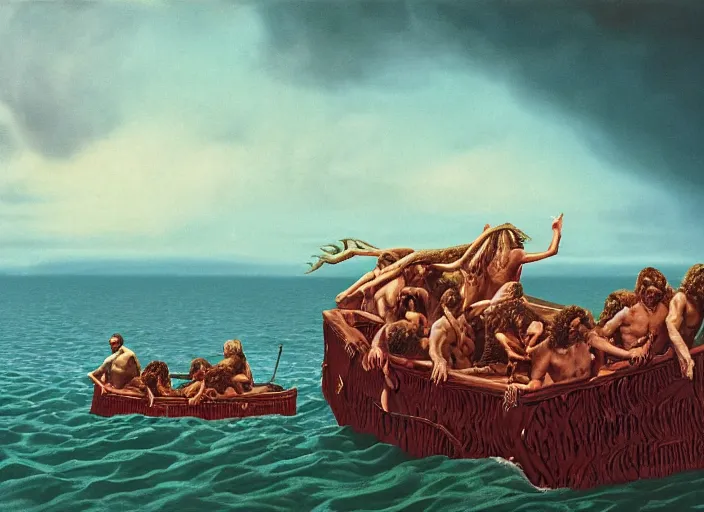 Prompt: photo of the raft of the medusa, by annie leibovitz by roger corman by richard corben by william eggleston, fujifilm velvia 5 0. masterpiece, intricate, hyper realism, high detail, octane render, unreal engine, 8 k