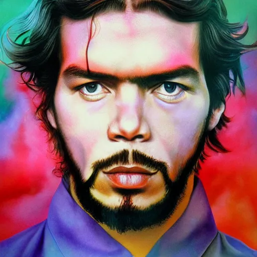 Image similar to colour masterpiece surreal closeup portrait photography of che guevara by miho hirano and annie leibovitz and michael cheval, psychedelic smoke background, 8 k