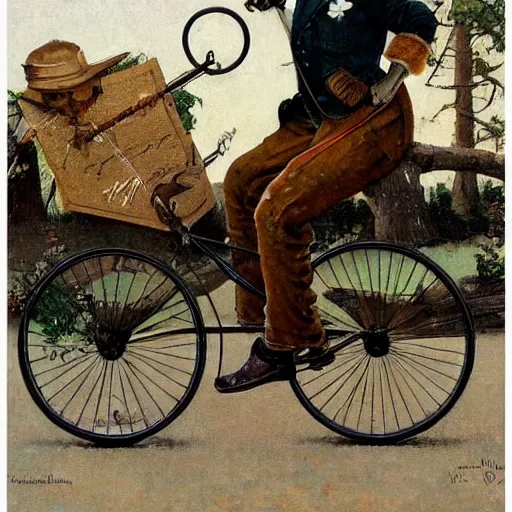 Prompt: raccoon riding a penny-farthing, painting by Norman Rockwell, detailed, 4k