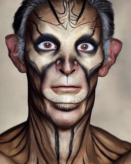 Image similar to Mauricio Macri in Elaborate Pan Satyr Goat Man Makeup and prosthetics designed by Rick Baker, Hyperreal, Head Shots Photographed in the Style of Annie Leibovitz, Studio Lighting