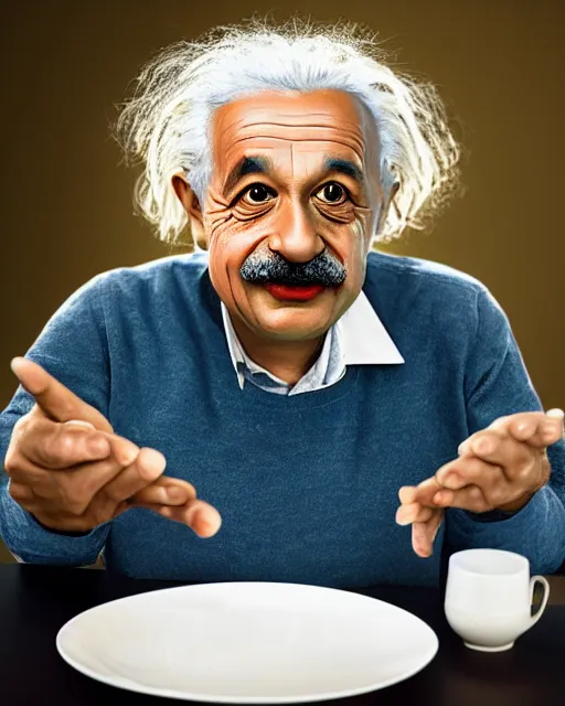 Prompt: a portrait of albert einstein sitting at the dining table with a plate containing dhokla in front of him, highly detailed, trending on artstation, bokeh, 9 0 mm, f / 1. 4