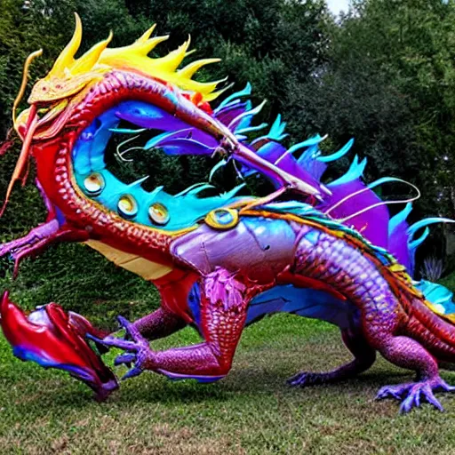 Image similar to rainbow dragon hyperblast art by ed binkley and bordalo ii and john chamberlain and craola, highly detailed