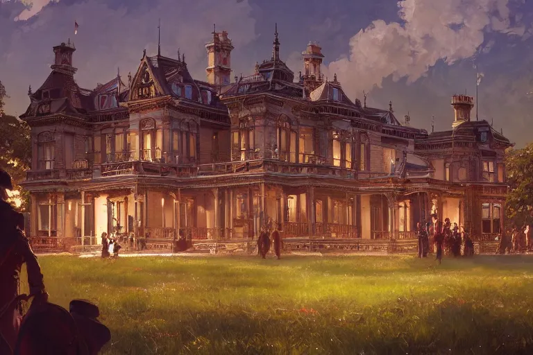 Prompt: an ornate victorian palace, party in front, scene in an open field. 1 8 9 0, key visual, conceptart, ambient lighting, highly detailed, digital painting, artstation, concept art, sharp focus, by makoto shinkai and akihiko yoshida and greg manchess