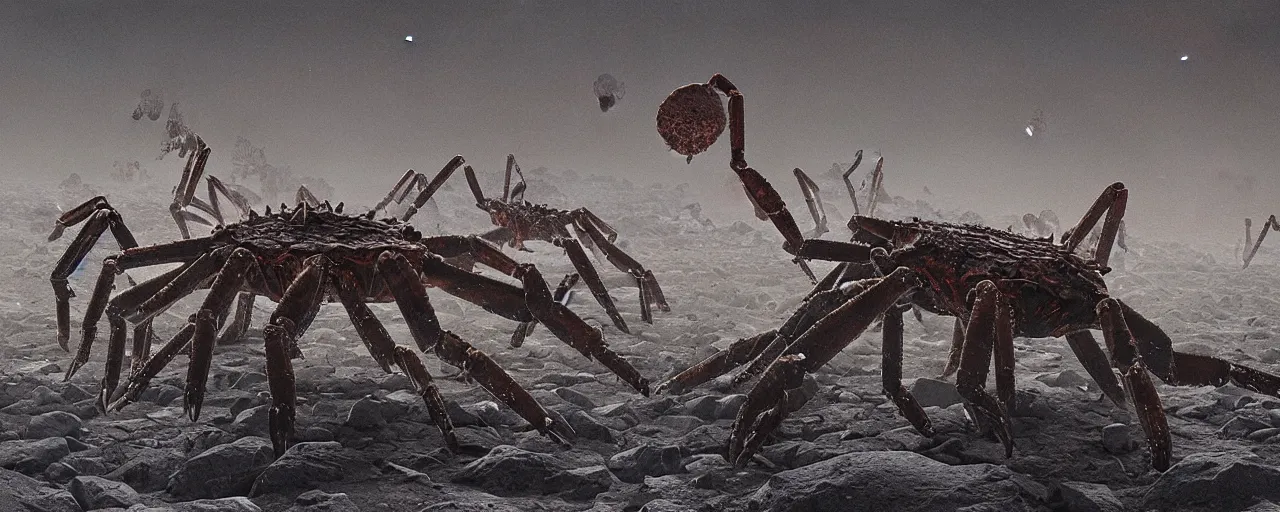 Prompt: a herd of giant crabs made of steel running abound on barren desert exoplanet by James Gurney, by Caspar David Friedrich, by Beksinski and Alex Gray