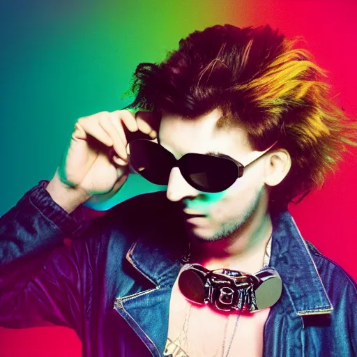 Image similar to kodak ektachrome e 1 0 0 photograph of a skinny nerdy goth guy with wild hair wearing goggles and eclectic jewelry, moody lighting, telephoto, 9 0 s vibe, rave background, vaporwave colors, faded!,