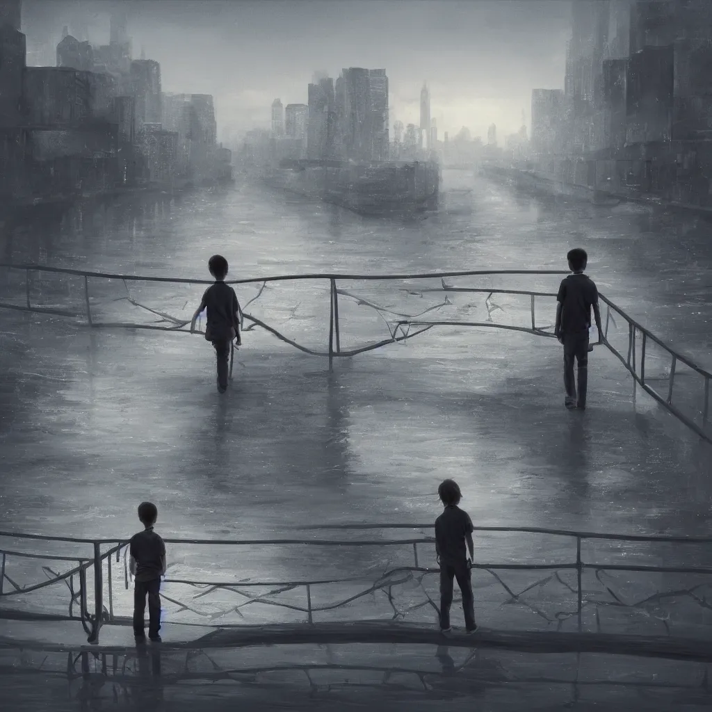 Image similar to a lonely boy on a city bridge looking to the river at night, digital painting, masterpiece, digital art, hyperrealistic, concept art, octane render, unreal engine 5, trending on deviantart, sad atmosphere, centered, anatomically correct, oil painting, high contrast, serene scenery, loneliness