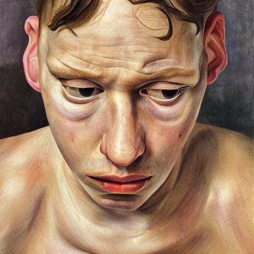 Prompt: high quality high detail painting by lucian freud, hd, portrait of a stressed boy, worried, sad, photorealistic lighting