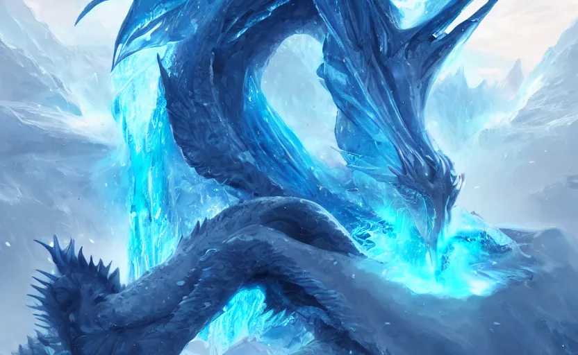 Image similar to An ice dragon breathing blue flames, ice landscape, digital art, artstation, WLOP, CGSociety