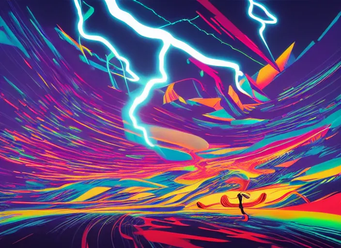 Prompt: abstract lightning storm by tomokazu matsuyama and dan mumford, unreal engine, high resolution render, featured on artstation, octane, 8 k, highly intricate details, vivid colors, vector illustration