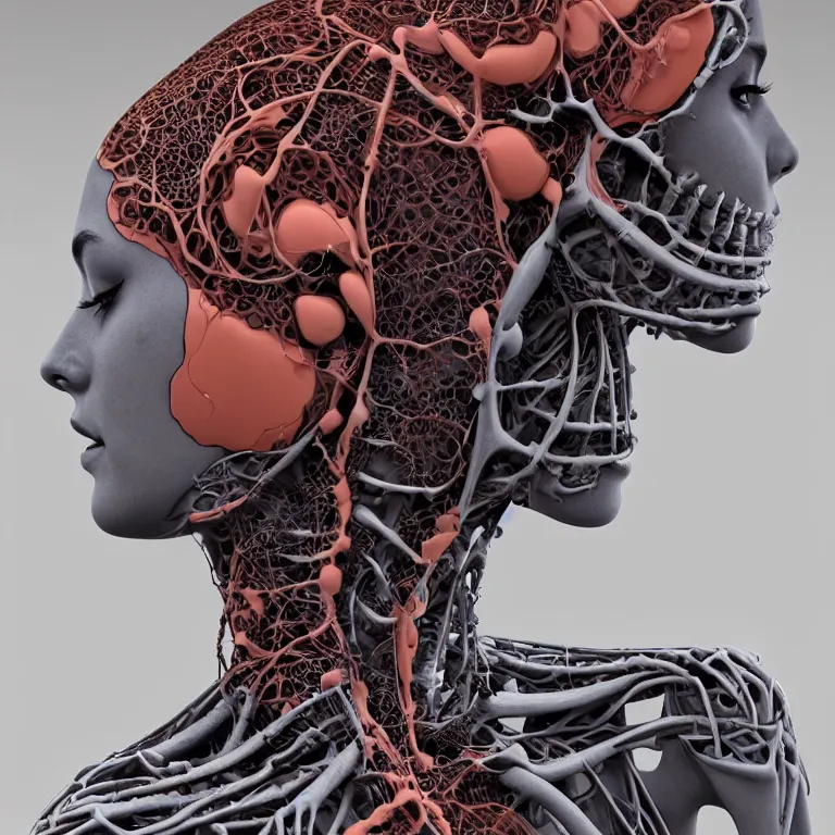 Image similar to portrait of beautiful!! horizontally symmetrical!! ceramic woman's head with coral!! reef hair. torso, skeleton!, biomechanical android. soft light painted by james jean and moebius!!!, inspired by mary jane ansell, smooth face feature, horizontal symmetry, intricate oil painting, high detail 3 d render, high detail