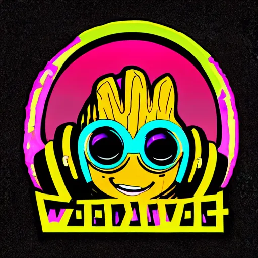 Image similar to svg sticker of a Pop-Wonder Groot-Marvel-Avenger at a rave, spinning records, giant headphones rocking out, wearing headphones, huge speakers, dancing, rave, DJ, spinning records, digital art, amazing composition, rule-of-thirds, award-winning, trending on artstation, featured on deviantart