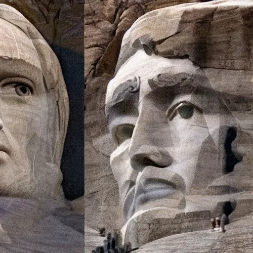 Image similar to donald trump's face carved into the rock on mount rushmore. the photo clearly depicts donald trump's facial features next to other former presidents, at a slightly elevated level, depicting his particular hair style carved into the stone at the mountain top, centered, balances, regal, pensive, powerful, just