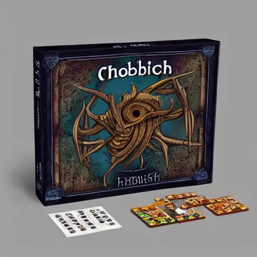 Image similar to eldritch scrabble board game box, color ad