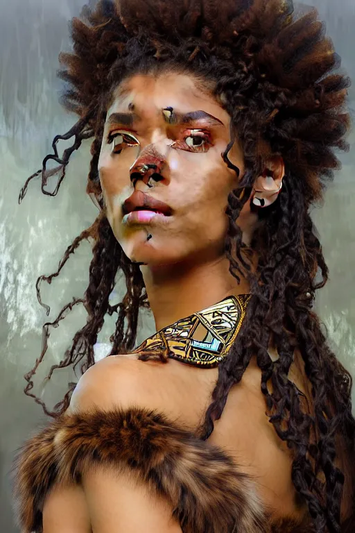 Image similar to portrait of a beautiful young aztec girl with vitiligo, covered in jaguar fur cloths, different colored eyes, curly black and brown hairs, by greg rutkowski and alphonse mucha, d & d character, gradient white to silver, highly detailed portrait, digital painting, artstation, concept art, smooth, sharp focus ilustration, artstation hq