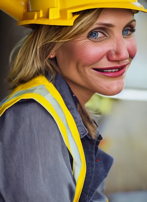 Image similar to closeup portrait of cheerful cameron diaz as a crane operator, yellow hardhat, sitting in a crane, natural light, bloom, detailed face, magazine, press, photo, steve mccurry, david lazar, canon, nikon, focus