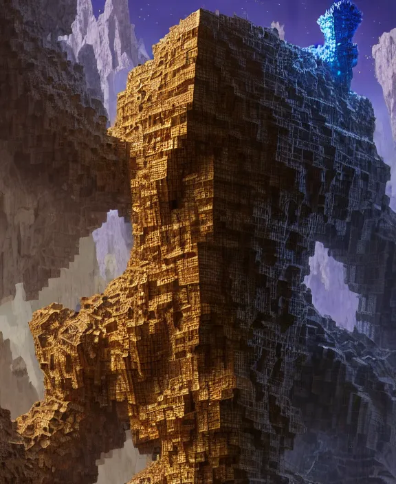 Prompt: concept art of giant fractal bismuth golem consists of bismuth geodes, fractalization, extremely high details, masterpiece, photorealistic, hyperrealism, vray, octane render, volumetric lighting, depth of field, bokeh, artstation, cgsociety by johannen voss, michael whelan, greg broadmore, frank frazetta