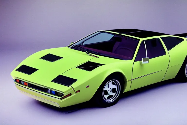 Image similar to designed by giorgetto giugiaro stylized poser of a single 1 9 7 5 estate wagon de tomaso pantera, neon, ektachrome photograph, volumetric lighting, f 8 aperture, cinematic eastman 5 3 8 4 film