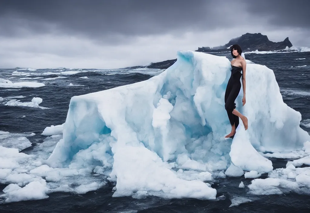 Image similar to fashion editorial on melting iceberg. gigantic ice falling in the sea. huge waves. wide angle shot. highly detailed. depth of field. high definition. 8k. photography.