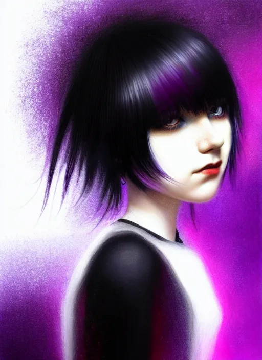 Image similar to hair blackbangs hair, white hair, blackbangswhitehair, portrait of teenage girl with black bangs, red irises, purple clothes, black bangs, bangs are white hair is black, intricate, elegant, glowing lights, highly detailed, digital painting, artstation, concept art, sharp focus, illustration, art by wlop, mars ravelo and greg rutkowski