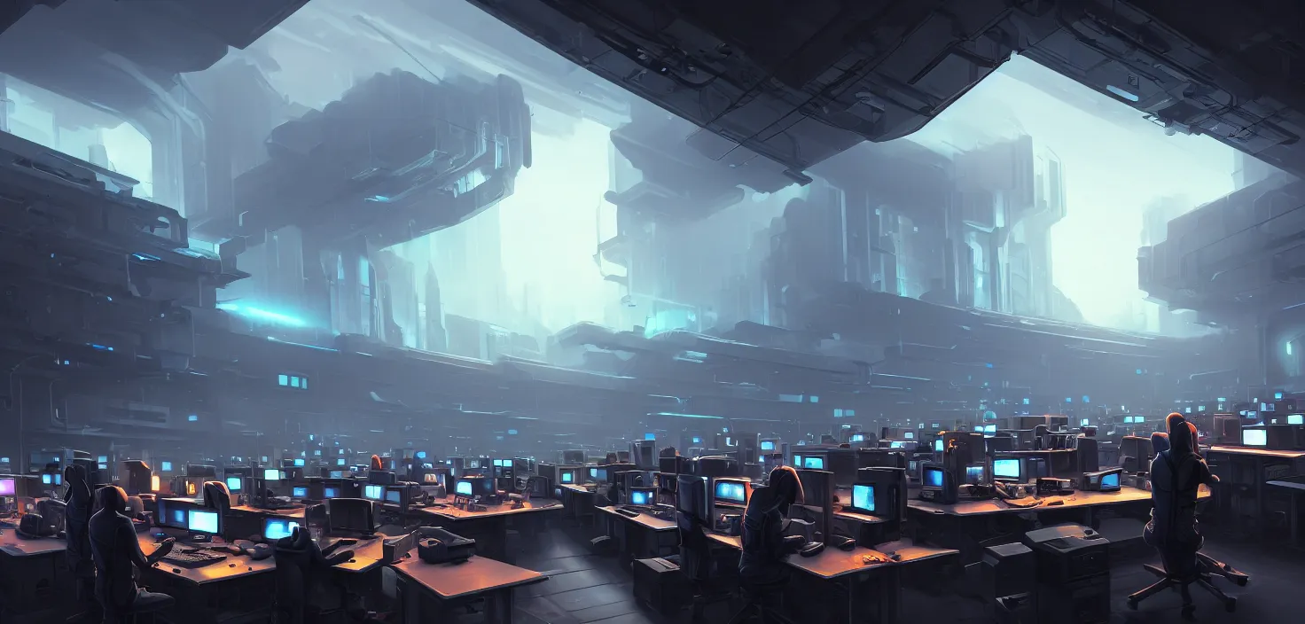 Prompt: hackers hooked directly into computers, wired in, in a highly detailed server room with computers everywhere, cinematic view, epic sky, detailed, concept art, low angle, high detail, warm lighting, volumetric, godrays, vivid, beautiful, trending on artstation, by jordan grimmer, huge scene, art greg rutkowski