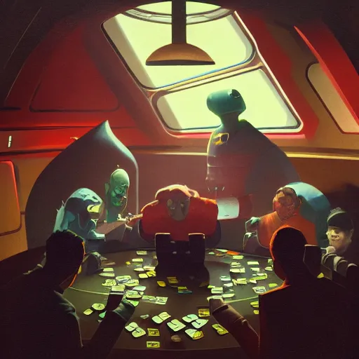 Prompt: people playing cards at the table inside a space base , artwork by Sergey Kolesov, detailed, dynamic, cinematic composition