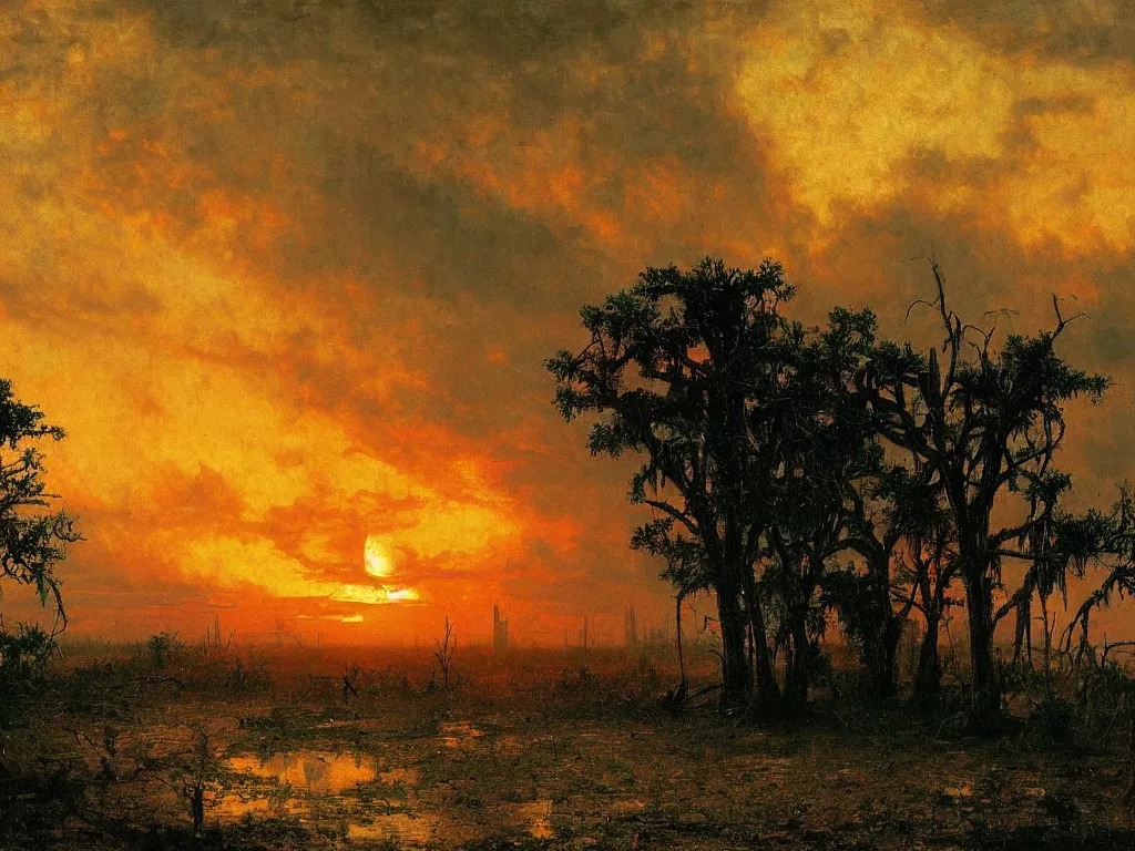 Prompt: a post apocalyptic west florida landscape after a nuclear war, beautiful radioactive sunset lighting, beautiful painting, miami beach, painted by albert bierstadt