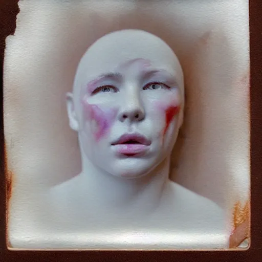 Image similar to a liquid white clay porcelain portrait of a face melt down flow go runny, body painted with a lot of white thick fluid, realistic detailed watercolor polaroid, grainy image, contrast