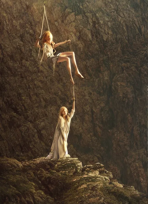 Image similar to close-up portrait action shot of Nicole Kidman hanging from a cliff ridge, Les Edwards, Zdzislaw Beksinski, Carl Gustav Carus, John Harris, Michal Karcz, Zhang Kechun, Mikko Lagerstedt, Scott Listfield, Steven Outram, Jessica Rossier