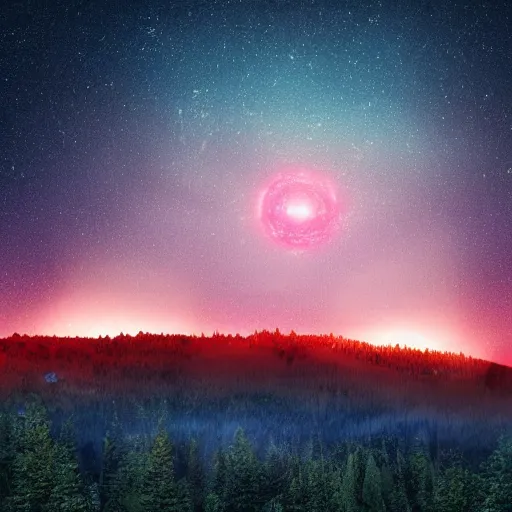 Image similar to A forested valley surrounded by ice mountains at night, a red nebula and orange gas giant with rings in the sky, no clouds, sci-fi, photorealistic