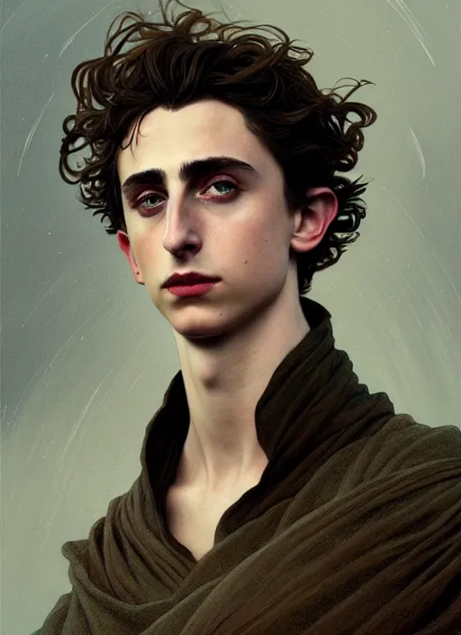 Image similar to portrait of timothee chalamet as a lord, dark cloth, dune, intricate, headshot, highly detailed, digital painting, artstation, concept art, sharp focus, cinematic lighting, illustration, art by artgerm and greg rutkowski, alphonse mucha, cgsociety