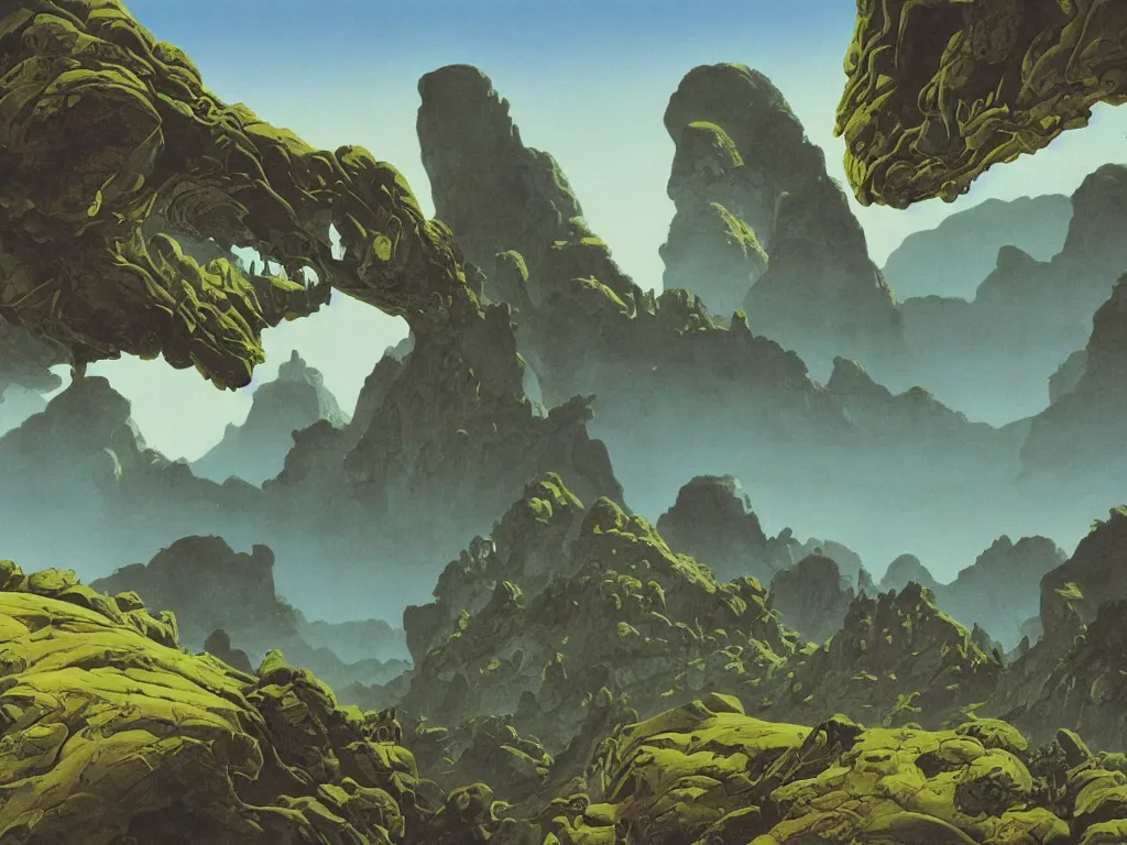 Prompt: Alien landscape by Roger Dean, floating mountains and gradient sky; very fine detail, 8k rendering