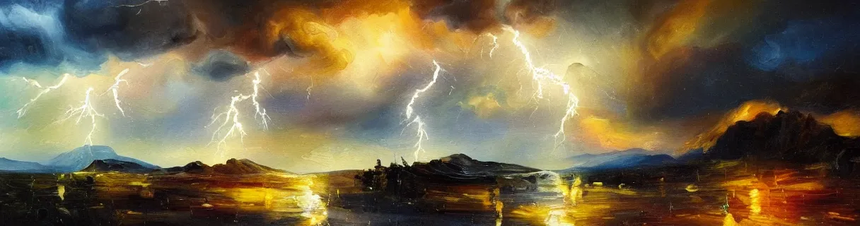 Prompt: lightning in the distance epic landscape painting heavy brushstrokes thick oil paint smears ultrawide