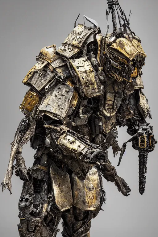 Image similar to photo taken of an epic intricate, ultra detailed, super realistic gritty, hero prop, exquisitely weathered armoured hazardsuit movie props, created by weta workshop, full body shot, photorealistic, sharp focus, white wall, cold colour temperture, golden ratio