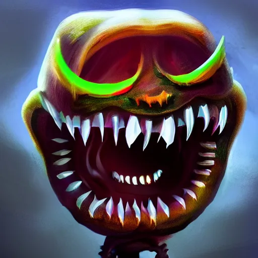 Prompt: evil monster with gummy teeth. Scary. Eating kids. Smiley face. High details, digital painting, artstation, 4k.