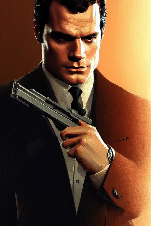 Image similar to portrait of henry cavill as james bond, rifling intro, highly detailed, digital painting, artstation, concept art, cinematic lighting, sharp focus, illustration, art by artgerm and greg rutkowski and alphonse mucha