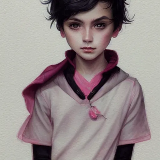 Image similar to young boy, black hair, serious eyes, pink eyes, gorgeous, amazing, delicate, elegant, intricate, highly detailed, watercolor, portrait, artstation, concept art, sharp focus, illustration, art by charlie bowater and Ross tran