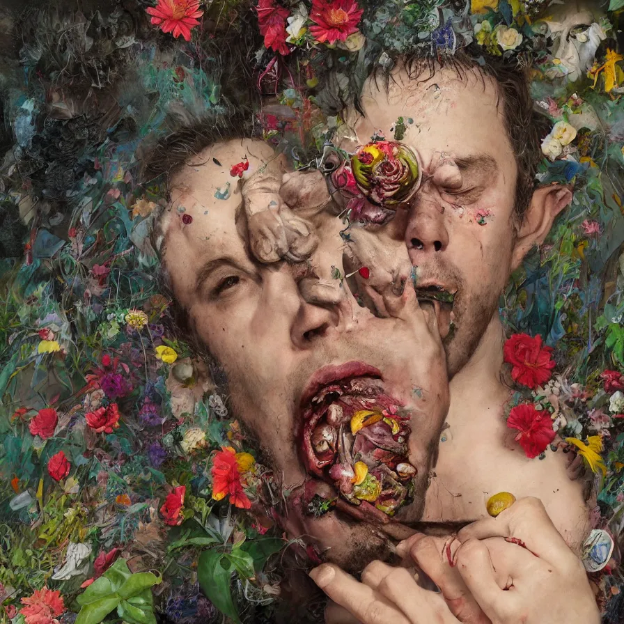 Image similar to male portrait of todd solondz eating rotten flesh and puking blood wearing a thong, surrounded by flowers by francis bacon, karol bak, james jean, tom bagshaw, rococo, trending on artstation, cinematic lighting, hyper realism, dramatic, emotional, octane render, 8 k, hyper detailed.