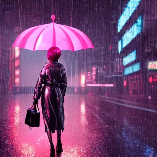 Image similar to ciberpunk city of the future, blade runner style, octane render, digital art, rain, beautiful girl with umbrella wearing a clear raincoat , pink hair, cinematic, 8k, very intricate, 80's, night time,