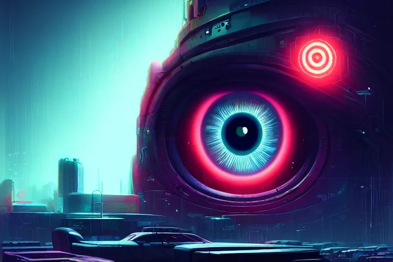 Prompt: portrait of a mystical giant eye, big brother is watching you vibes, mechanic, dystopian, ( ( cyberpunk ) ), intricate, ( ( ( abstract ) ) ), cinematic, glow, neons, octane render, wlop, greg rutkowski, dan mumford, artgerm