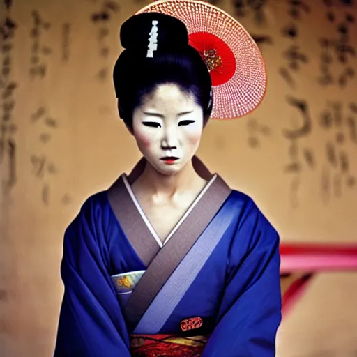 Image similar to portrait of a beautiful geisha, photograph by steve mccurry