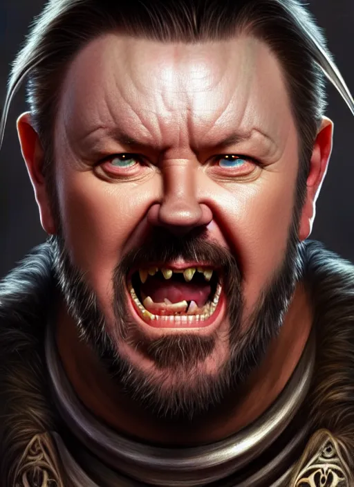 Image similar to portrait of ricky gervais as an orc, d & d, muscular! fantasy, intricate, elegant, highly detailed, digital painting, artstation, concept art, smooth, sharp focus, illustration, art by artgerm and greg rutkowski and alphonse mucha